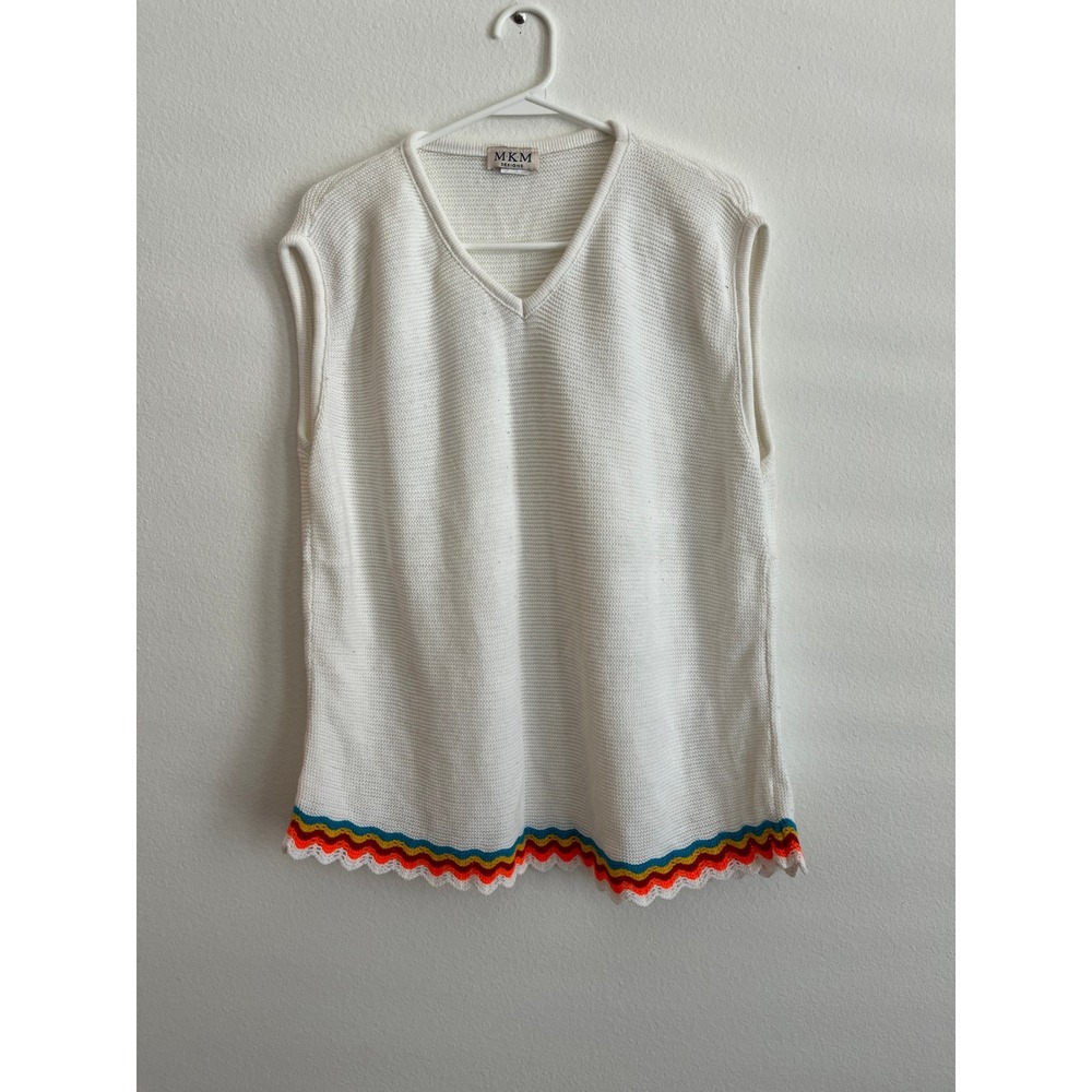 MKM Designs White Knit Sweater Vest Rainbow Scalloped Hem V-Neck 3X Made in USA